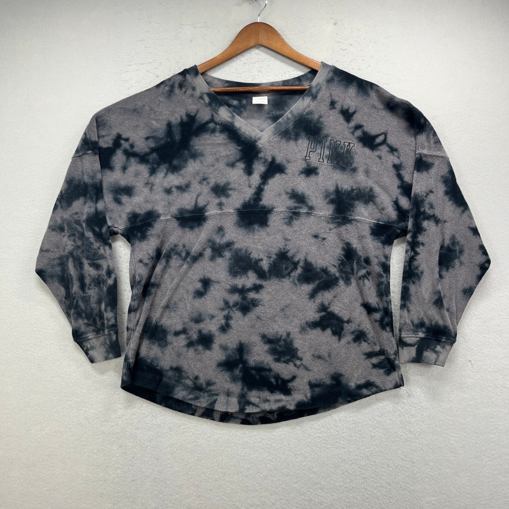 PINK Victoria's Secret Pullover Sweatshirt Womens M Black Tie Dye Terry Fleece